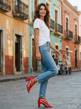 Impo Stretch Red Strappy Caged Sandals.